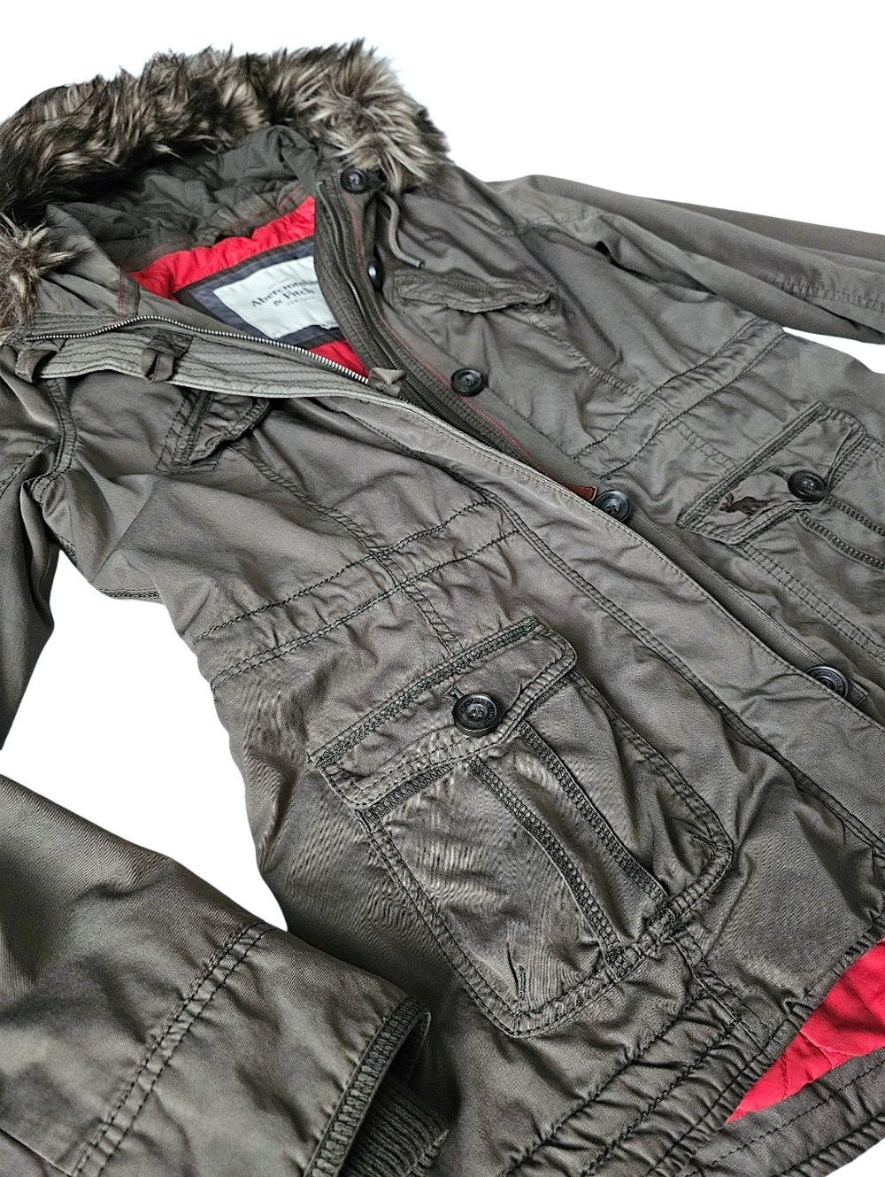 Abercrombie & Fitch Army Green Utility Jacket w/ Faux Fur Hood - Size L - Picture 4 of 14
